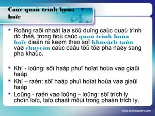 www.themegallery.com
Caùc quaù trình hoùa
hoïc
 Roäng raõi nhaát laø söû duïng caùc quaù trình
dò theå, trong ñoù caùc quaù trình hoùa
hoïc dieãn ra keøm theo söï khueách taùn
vaø chuyeån caùc caáu töû töø pha naøy sang
pha khaùc.
 Khí - loûng: söï haáp phuï hoïat hoùa vaø giaûi
haáp
 Khí – raén: söï haáp phuï hoïat hoùa vaø giaûi
haáp
 Loûng - raén vaø loûng – loûng: söï trích ly
choïn loïc, taïo chaát môùi trong phaàn trích ly.
 