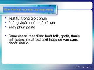 www.themegallery.com
Ñònh hình haït xuùc taùc vaø chaát mang
 keát tuï trong gioït phun
 ñoùng vieân neùn, eùp ñuøn
 saáy phun paste
 Caùc chaát keát dính: boät talk, grafit, thuûy
tinh loûng, moät soá axit höõu cô vaø caùc
chaát khaùc.
 