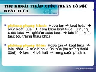 www.themegallery.com
 phöông phaùp khoâ: Hoøa tan  keát tuûa 
röûa keát tuûa  laøm khoâ keát tuûa  nung
xuùc taùc  nghieàn xuùc taùc  taïo hình xuùc
taùc (ôû traïng thaùi khoâ).
 phöông phaùp öôùt: Hoøa tan  keát tuûa 
loïc röûa  taïo hình xuùc taùc (ôû traïng thaùi
öôùt)  laøm khoâ haït  nung saûn phaåm.
THU KHOÁI TIEÁP XUÙC TREÂN CÔ SÔÛ
KEÁT TUÛA
 