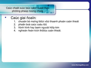 www.themegallery.com
Caùc chaát xuùc taùc saûn xuaát theo
phöông phaùp noùng chaûy
 Caùc giai ñoaïn:
1. chuaån bò maïng löôùi vôùi thaønh phaàn caàn thieát
2. phaân boá caùc caáu töû
3. ñònh hình hay laøm nguoäi hôïp kim
4. nghieàn ñeán kích thöôùc caàn thieát.
 