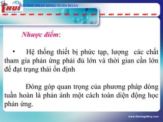 www.themegallery.com
Nhược điểm:
• Hệ thống thiết bị phức tạp, lượng các chất
tham gia phản ứng phải đủ lớn và thời gian cần lớn
để đạt trạng thái ổn định
Đóng góp quan trọng của phương pháp dòng
tuần hoàn là phản ánh một cách toàn diện động học
phản ứng.
vt
Gpung
τ
spC
PHƯƠNG PHÁP DÒNG TUẦN HOÀN
 