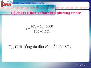 www.themegallery.com
Độ chuyển hoá x tính theo phương trình:
vt
Gpung
τ
spC
PHƯƠNG PHÁP DÒNG TUẦN HOÀN
( )
c
cđ
C
CC
x
5.1100
10000
−
−
=
Cđ , Cc:là nồng độ đầu và cuối của SO2
 