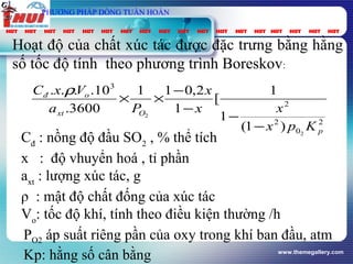 www.themegallery.com
vt
Gpung
τ
spC
PHƯƠNG PHÁP DÒNG TUẦN HOÀN
Hoạt độ của chất xúc tác được đặc trưng bằng hằng
số tốc độ tính theo phương trình Boreskov:
2
0
2
2
3
2
2
)1(
1
1
[
1
2,011
3600.
10....
p
Oxt
ođ
Kpx
xx
x
Pa
VxC
−
−
−
−
××
ρ
Cđ
: nồng độ đầu SO2
, % thể tích
x : độ vhuyển hoá , tỉ phần
axt
: lượng xúc tác, g
ρ : mật độ chất đống của xúc tác
Vo
: tốc độ khí, tính theo điều kiện thường /h
PO2 áp suất riêng pần của oxy trong khí ban đầu, atm
Kp: hằng số cân bằng
2OP
 
