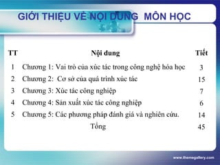 www.themegallery.com
GIỚI THIỆU VỀ NỘI DUNG MÔN HỌC
TT Nội dung Tiết
1 Chương 1: Vai trò của xúc tác trong công nghệ hóa học 3
2 Chương 2: Cơ sở của quá trình xúc tác 15
3 Chương 3: Xúc tác công nghiệp 7
4 Chương 4: Sản xuất xúc tác công nghiệp 6
5 Chương 5: Các phương pháp đánh giá và nghiên cứu. 14
Tổng 45
 