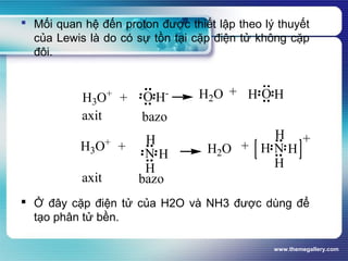 www.themegallery.com
 Mối quan hệ đến proton được thiết lập theo lý thuyết
của Lewis là do có sự tồn tại cặp điện tử không cặp
đôi.
 Ở đây cặp điện tử của H2O và NH3 được dùng để
tạo phân tử bền.
H3O+
+ O H- H2O + O HH
H3O+
+
N H
H
H
H2O + N H
H
H
H
+
axit
axit bazo
bazo
 