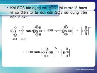 www.themegallery.com
 Khi SO3 tác dụng với H2O, thì nước là bazo
vì có điện tử tự do, còn SO3 sử dụng trên
nên là axit.
O S
O
O
+ OO S
O
O
H
H
+ HOH OHO S
O
O
-
+ O
H
H
H
+
axit bazo
O
H
H
+ HOH OHO S
O
O
2-
+ O
H
H
H
+
 