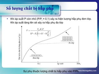 www.themegallery.com
Số lượng chất bị hấp phụ
 Khi áp suất P còn nhỏ (P/Ps ≈ 0,1) xảy ra hiện tượng hấp phụ đơn lớp.
Khi áp suất tăng lên sẽ xảy ra hấp phụ đa lớp
Sự phụ thuộc lượng chất bị hấp phụ vào P/Ps
 