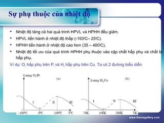 www.themegallery.com
Sự phụ thuộc của nhiệt độ
 Nhiệt độ tăng cả hai quá trình HPVL và HPHH đều giảm.
 HPVL tiến hành ở nhiệt độ thấp (-1930
C– 250
C).
 HPHH tiến hành ở nhiệt độ cao hơn (35 – 4000
C).
 Nhiệt độ tối ưu của quá trình HPHH phụ thuộc vào cặp chất hấp phụ và chất bị
hấp phụ.
Ví dụ: O2 hấp phụ trên Pt và H2 hấp phụ trên Cu. Ta có 2 đường biểu diễn
 
