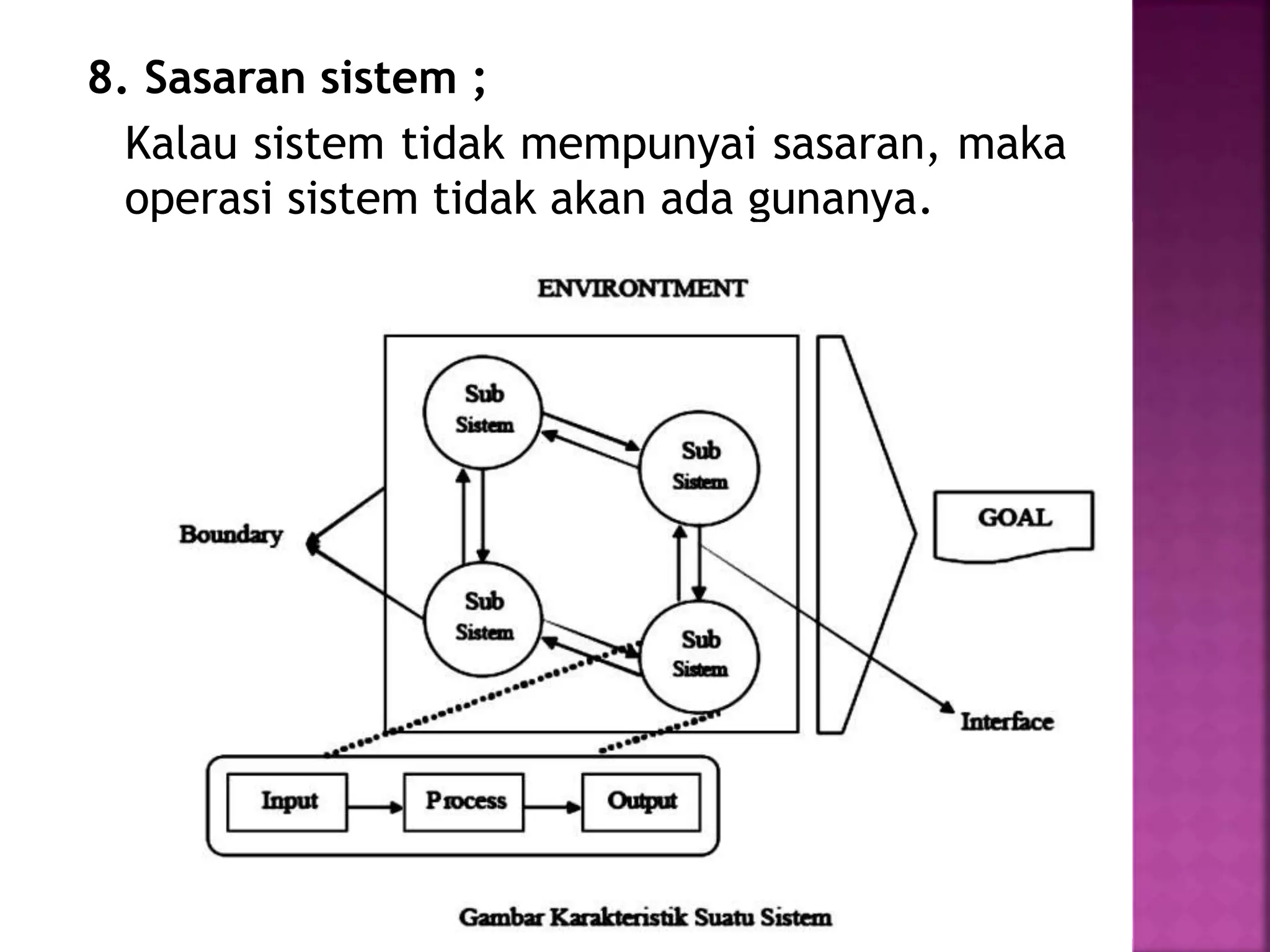 8. Sasaran sistem ; 
Kalau sistem tidak mempunyai sasaran, maka 
operasi sistem tidak akan ada gunanya. 
 