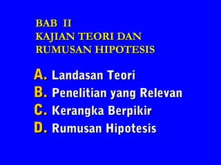 BAB IIBAB II
KAJIAN TEORI DANKAJIAN TEORI DAN
RUMUSAN HIPOTESISRUMUSAN HIPOTESIS
A.A. Landasan TeoriLandasan Teori
B.B. Penelitian yang RelevanPenelitian yang Relevan
C.C. Kerangka BerpikirKerangka Berpikir
D.D. Rumusan HipotesisRumusan Hipotesis
 