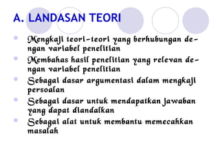 A. LANDASAN TEORI
 Mengkaji teori-teori yang berhubungan de-
ngan variabel penelitian
 Membahas hasil penelitian yang relevan de-
ngan variabel penelitian
 Sebagai dasar argumentasi dalam mengkaji
persoalan
 Sebagai dasar untuk mendapatkan jawaban
yang dapat diandalkan
 Sebagai alat untuk membantu memecahkan
masalah
 