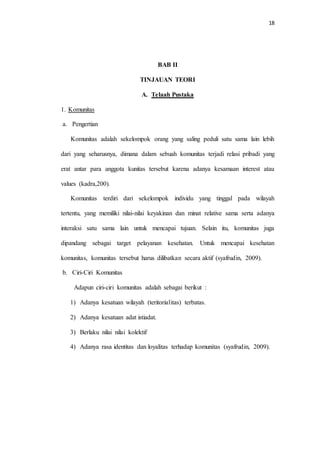 18 
BAB II 
TINJAUAN TEORI 
A. Telaah Pustaka 
1. Komunitas 
a. Pengertian 
Komunitas adalah sekelompok orang yang saling peduli satu sama lain lebih 
dari yang seharusnya, dimana dalam sebuah komunitas terjadi relasi pribadi yang 
erat antar para anggota kunitas tersebut karena adanya kesamaan interest atau 
values (kadra,200). 
Komunitas terdiri dari sekelompok individu yang tinggal pada wilayah 
tertentu, yang memiliki nilai-nilai keyakinan dan minat relative sama serta adanya 
interaksi satu sama lain untuk mencapai tujuan. Selain itu, komunitas juga 
dipandang sebagai target pelayanan kesehatan. Untuk mencapai kesehatan 
komunitas, komunitas tersebut harus dilibatkan secara aktif (syafrudin, 2009). 
b. Ciri-Ciri Komunitas 
Adapun ciri-ciri komunitas adalah sebagai berikut : 
1) Adanya kesatuan wilayah (teritorialitas) terbatas. 
2) Adanya kesatuan adat istiadat. 
3) Berlaku nilai nilai kolektif 
4) Adanya rasa identitas dan loyalitas terhadap komunitas (syafrudin, 2009). 
 