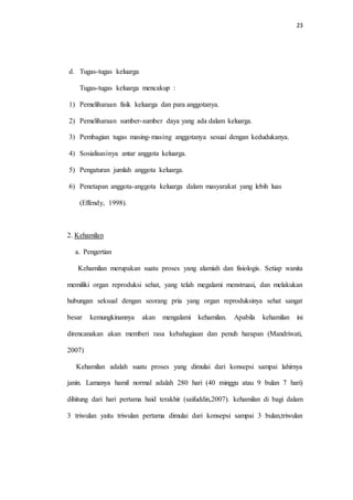23 
d. Tugas-tugas keluarga 
Tugas-tugas keluarga mencakup : 
1) Pemeliharaan fisik keluarga dan para anggotanya. 
2) Pemeliharaan sumber-sumber daya yang ada dalam keluarga. 
3) Pembagian tugas masing-masing anggotanya sesuai dengan kedudukanya. 
4) Sosialisasinya antar anggota keluarga. 
5) Pengaturan jumlah anggota keluarga. 
6) Penetapan anggota-anggota keluarga dalam masyarakat yang lebih luas 
(Effendy, 1998). 
2. Kehamilan 
a. Pengertian 
Kehamilan merupakan suatu proses yang alamiah dan fisiologis. Setiap wanita 
memiliki organ reproduksi sehat, yang telah megalami menstruasi, dan melakukan 
hubungan seksual dengan seorang pria yang organ reproduksinya sehat sangat 
besar kemungkinannya akan mengalami kehamilan. Apabila kehamilan ini 
direncanakan akan memberi rasa kebahagiaan dan penuh harapan (Mandriwati, 
2007) 
Kehamilan adalah suatu proses yang dimulai dari konsepsi sampai lahirnya 
janin. Lamanya hamil normal adalah 280 hari (40 minggu atau 9 bulan 7 hari) 
dihitung dari hari pertama haid terakhir (saifuddin,2007). kehamilan di bagi dalam 
3 triwulan yaitu triwulan pertama dimulai dari konsepsi sampai 3 bulan,triwulan 
 