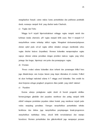 25 
mengeluarkan banyak cairan mukus karna pertambahan dan pelebaran pembuluh 
darah, warnanya menjadi livid yang disebut tanda Chadwick. 
c) Vagina dan Vulva 
Minggu ke-8 terjadi hipervaskularisasi sehingga vagina tampak merah dan 
kebiruan (tanda chatwick). pH vagina menjadi lebih asam. Dari 4 menjadi 6.5 
menyebabkan rentan terhadap infeksi vagina. Mengalami deskuamasi/pelepasan 
elemen epitel pada sel-sel vagina akibat stimulasi estrogen membentuk rabas 
vagina disebut leukore (keputihan). Hormon kehamilan mempersiapkan vagina 
supaya distensi selama persalinan dengan produksi mukosa vagina yang tebal, 
jarinagn ikat longar, hipertropi otot polos dan pemanjangan vagina. 
d) Ovarium 
Proses ovulasi selama kehamilan akan terhenti dan pematangan folikel baru 
juga ditunda.hanya satu korpus luteum yang dapat ditemukan di ovarium. Folikel 
ini akan berfungsi maksimal selama 6-7 minggu awal kehamilan. Dan setelah itu 
akan berperan sebagai penghasil progeteron dlam jumlah yang relatif minimal 
e) Payudara 
Karena adanya peningkatan suplai darah di bawah pengaruh aktifitas 
hormon,jaringan glandular dari payudara membesar dan puting menjadi lebih 
efektif walaupun perubahan payudara dalam bentuk yang membesar terjadi pada 
waktu menjelang persalinan. Estrogen menyebabkan pertumbuhan tubulus 
lactiforeus dan duktus juga menyebabkan penyimpangan lemak.progesteron 
menyebabkan tumbuhnya lobus, alveoli lebih tervaskularisasi dan mampu 
bersekresi. Hormon pertumbuhan dan glukokortikoid juga mempunyai peranan 
 