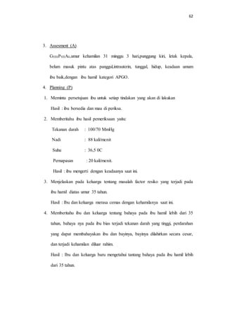 62 
3. Assesment (A) 
GVIIIPVIIA0,umur kehamilan 31 minggu 3 hari,punggung kiri, letak kepala, 
belum masuk pintu atas panggul,intrauterin, tunggal, hidup, keadaan umum 
ibu baik,dengan ibu hamil kategori APGO. 
4. Planning (P) 
1. Meminta persetujuan ibu untuk setiap tindakan yang akan di lakukan 
Hasil : ibu bersedia dan mau di periksa. 
2. Memberitahu ibu hasil pemeriksaan yaitu: 
Tekanan darah : 100/70 MmHg 
Nadi : 88 kali/menit 
Suhu : 36,5 0C 
Pernapasan : 20 kali/menit. 
Hasil : ibu mengerti dengan keadaanya saat ini. 
3. Menjelaskan pada keluarga tentang masalah factor resiko yang terjadi pada 
ibu hamil diatas umur 35 tahun. 
Hasil : Ibu dan keluarga merasa cemas dengan kehamilanya saat ini. 
4. Memberitahu ibu dan keluarga tentang bahaya pada ibu hamil lebih dari 35 
tahun, bahaya nya pada ibu bias terjadi tekanan darah yang tinggi, perdarahan 
yang dapat membahayakan ibu dan bayinya, bayinya dilahirkan secara cesar, 
dan terjadi kehamilan diluar rahim. 
Hasil : Ibu dan keluarga baru mengetahui tantang bahaya pada ibu hamil lebih 
dari 35 tahun. 
 
