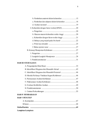 9 
b. Perubahan anatomi dalam kehamilan ...............................15 
c. Perubahan dan adaptasi dalam kehamilan ........................18 
d. Asuhan neonatal ...............................................................19 
4. Kehamilan dengan factor resiko(APGO) ...............................20 
a. Pengertian .........................................................................20 
b. Macam-macam kehamilan resiko tinggi ..........................20 
c. Kehamilan dengan factor resiko tinggi .............................21 
d. Bahaya yang terjadi pada ibu hamil .................................22 
e. Primi tua sekunder ............................................................25 
f. Bekas operasi sesar ...........................................................27 
B. Konsep Manajemen Kebidanan ...................................................27 
1. Pengertian ..............................................................................27 
2. Langkah-Langkah Manajemen .............................................28 
3. Pendokumentasian ................................................................31 
BAB III STUDI KASUS 
A. Pengumpulan Data Dasar .................................................................33 
B. Identifikasi Diagnosa dan Masaalah Aktual ....................................43 
C. Identifikasi Diagnosa dan Masaalah Potensial .................................46 
D. Menilai Perlunya Tindakan Segera/Kolaborasi ...............................46 
E. Perencanaan Asuhan Kebidanan ......................................................47 
F. Pelaksanaan Asuhan Kebidanan ........................................................48 
G. Evaluasi Kefektifan Asuhan .............................................................49 
H. Pendokumentasian ...........................................................................50 
I. Catatan Perkembangan .....................................................................55 
BAB IV PEMBAHASAN 
BAB V PENUTUP 
A. Kesimpulan ............................................................................................67 
B.Saran .......................................................................................................68 
DaftarPustaka ....................................................................................................69 
Lampiran-Lampiran 
 