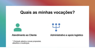 Quais as minhas vocações?
Atendimento ao Cliente Administrativo e apoio logístico
* Contudo aberta a novas propostas,
desafios e mudanças.
 