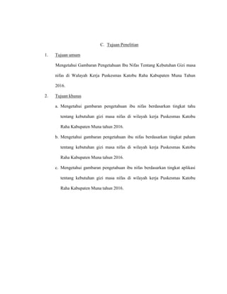 C. Tujuan Penelitian
1. Tujuan umum
Mengetahui Gambaran Pengetahuan Ibu Nifas Tentang Kebutuhan Gizi masa
nifas di Walayah Kerja Puskesmas Katobu Raha Kabupaten Muna Tahun
2016.
2. Tujuan khusus
a. Mengetahui gambaran pengetahuan ibu nifas berdasarkan tingkat tahu
tentang kebutuhan gizi masa nifas di wilayah kerja Puskesmas Katobu
Raha Kabupaten Muna tahun 2016.
b. Mengetahui gambaran pengetahuan ibu nifas berdasarkan tingkat paham
tentang kebutuhan gizi masa nifas di wilayah kerja Puskesmas Katobu
Raha Kabupaten Muna tahun 2016.
c. Mengetahui gambaran pengetahuan ibu nifas berdasarkan tingkat aplikasi
tentang kebutuhan gizi masa nifas di wilayah kerja Puskesmas Katobu
Raha Kabupaten Muna tahun 2016.
 