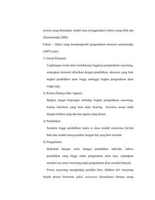 criteria yang ditentukan sendiri atau menggunakan criteria yang telah ada
(Notoatmodjo,2006).
Faktor – faktor yang mempengaruhi pengetahuan menurut notoatmodjo
(2007) yaitu :
1) Social Ekonomi
Lingkungan social akan mendukung tingginya pengetahuan seseorang,
sedangkan ekonomi dikaitkan dengan pendidikan, ekonomi yang baik
tingkat pendidikan akan tinggi sehingga tingkat pengetahuan akan
tinggi juga.
2) Kultur (Budaya Dan Agama)
Budaya sangat berpengau terhadap tingkat pengetahuan seseorang,
karena informasi yang baru akan disaring kira-kira sesuai tidak
dengan budaya yang ada dan agama yang dianut.
3) Pendidikan
Semakin tinggi pendidikan maka ia akan mudah menerima hal-hal
baru dan mudah menyesuaikan dengan hal yang baru tersebut.
4) Pengalaman
Berkaitan dengan umur dengan pendidikan individu, bahwa
pendidikan yang tinggi maka pengalaman akan luas, sedangkan
semakin tua umur seseorang maka pengalaman akan semakin banyak.
Proses seseorang menghadapi perilaku baru, didalam diri seseorang
terjadi proses berurutan yakni awareness (kesadaran) dimana orang
 