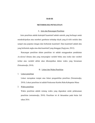 BAB III
METODOLOGI PENELITIAN
A. Jenis dan Rancangan Penelitian
Jenis penelitian adalah deskriptif kuantitatif adalah statistik yang berfungsi untuk
mendeskripsikan atau memberi gambaran terhadap obyek yang di teliti melalui data
sampel atau populasi dengan data berbentuk kuantitatif. Data kuantitatif adalah data
yang berbentuk angka atau data kuantitatif yang dianggap (Sugiyono, 2012).
Rancangan penelitian dalam penelitian ini adalah menggunakan pendekatan
Accidental dimana data yang menyangkut variabel bebas atau resiko dan variabel
terikat atau variabel akibat akan dikumpulkan dalam waktu yang bersamaan
(Notoatmodjo, 2010).
B. Lokasi dan Waktu Penelitian
1. Lokasi penelitian
Lokasi merupakan tempat atau lokasi pengambilan penelitian (Notoatmodjo,
2010). Lokasi penelitian ini adalah Puskesmas Katobu Raha Kabupaten Muna
2. Waktu penelitian
Waktu penelitian adalah rentang waktu yang digunakan untuk pelaksanaan
penelitian (notoatmodjo, 2010). Penelitian ini di laksanakan pada bulan Juli
tahun 2016.
 