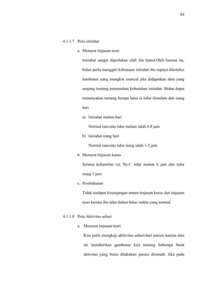 89
4.1.1.7 Pola istirahat
a. Menurut tinjauan teori
Istirahat sangat diperlukan oleh ibu hamil.Oleh karena itu,
bidan perlu menggali kebiasaan istirahat ibu supaya diketahui
hambatan yang mungkin muncul jika didapatkan data yang
senjang tentang pemenuhan kebutuhan istirahat. Bidan dapat
menanyakan tentang berapa lama ia tidur dimalam dan siang
hari.
a) Istirahat malam hari
Normal rata-rata tidur malam ialah 6-8 jam
b) Istirahat siang hari
Normal rata-rata tidur siang ialah 1-2 jam.
b. Menurut tinjauan kasus
Selama kehamilan ini, Ny.C tidur malam 6 jam dan tidur
siang 1 jam.
c. Pembahasan
Tidak terdapat kesenjangan antara tinjauan kasus dan tinjauan
teori karena ibu tidur dalam batas waktu yang normal.
4.1.1.8 Pola Aktivitas sehari
a. Menurut tinjauan teori
Kita perlu mengkaji akltivitas sehari-hari pasien karena data
ini memberikan gambaran kita tentang beberapa berat
aktivitas yang biasa dilakukan pasien dirumah. Jika pada
 