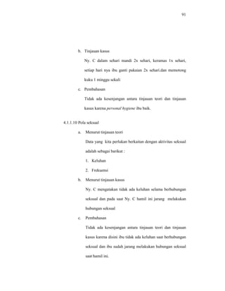 91
b. Tinjauan kasus
Ny. C dalam sehari mandi 2x sehari, keramas 1x sehari,
setiap hari nya ibu ganti pakaian 2x sehari.dan memotong
kuku 1 minggu sekali
c. Pembahasan
Tidak ada kesenjangan antara tinjauan teori dan tinjauan
kasus karena personal hygiene ibu baik.
4.1.1.10 Pola seksual
a. Menurut tinjauan teori
Data yang kita perlukan berkaitan dengan aktivitas seksual
adalah sebagai barikut :
1. Keluhan
2. Frekuensi
b. Menurut tinjauan kasus
Ny. C mengatakan tidak ada keluhan selama berhubungan
seksual dan pada saat Ny. C hamil ini jarang melakukan
hubungan seksual
c. Pembahasan
Tidak ada kesenjangan antara tinjauan teori dan tinjauan
kasus karena disini ibu tidak ada keluhan saat berhubungan
seksual dan ibu sudah jarang melakukan hubungan seksual
saat hamil ini.
 