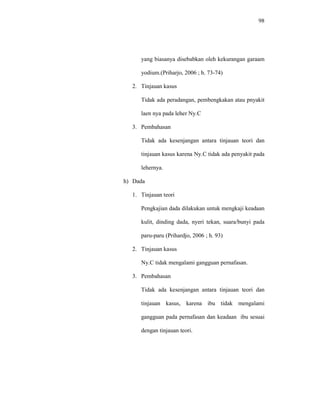 98
yang biasanya disebabkan oleh kekurangan garaam
yodium.(Priharjo, 2006 ; h. 73-74)
2. Tinjauan kasus
Tidak ada peradangan, pembengkakan atau pnyakit
laen nya pada leher Ny.C
3. Pembahasan
Tidak ada kesenjangan antara tinjauan teori dan
tinjauan kasus karena Ny.C tidak ada penyakit pada
lehernya.
h) Dada
1. Tinjauan teori
Pengkajian dada dilakukan untuk mengkaji keadaan
kulit, dinding dada, nyeri tekan, suara/bunyi pada
paru-paru (Prihardjo, 2006 ; h. 93)
2. Tinjauan kasus
Ny.C tidak mengalami gangguan pernafasan.
3. Pembahasan
Tidak ada kesenjangan antara tinjauan teori dan
tinjauan kasus, karena ibu tidak mengalami
gangguan pada pernafasan dan keadaan ibu sesuai
dengan tinjauan teori.
 