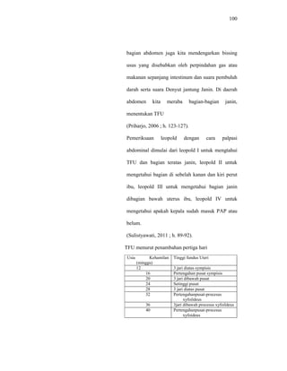 100
bagian abdomen juga kita mendengarkan bissing
usus yang disebabkan oleh perpindahan gas atau
makanan sepanjang intestinum dan suara pembuluh
darah serta suara Denyut jantung Janin. Di daerah
abdomen kita meraba bagian-bagian janin,
menentukan TFU
(Priharjo, 2006 ; h. 123-127).
Pemeriksaan leopold dengan cara palpasi
abdominal dimulai dari leopold I untuk mengtahui
TFU dan bagian teratas janin, leopold II untuk
mengetahui bagian di sebelah kanan dan kiri perut
ibu, leopold III untuk mengetahui bagian janin
dibagian bawah uterus ibu, leopold IV untuk
mengetahui apakah kepala sudah masuk PAP atau
belum.
(Sulistyawati, 2011 ; h. 89-92).
TFU menurut penambahan pertiga hari
Usia Kehamilan
(minggu)
Tinggi fundus Uteri
12 3 jari diatas sympisis
16 Pertengahan pusat sympisis
20 3 jari dibawah pusat
24 Setinggi pusat
28 3 jari diatas pusat
32 Pertengahanpusat-procesus
xyfoildeus
36 3jari dibawah procesus xyfoildeus
40 Pertengahanpusat-procesus
xyfoideus
 