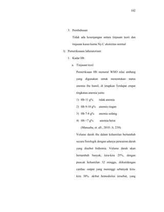 102
3. Pembahasan
Tidak ada kesenjangan antara tinjauan teori dan
tinjauan kasus karna Ny.C ekstreitas normal
l) Pemeriksaaan laboratorium
1. Kadar Hb
a. Tinjauan teori
Pemeriksaan Hb menurut WHO nilai ambang
yang digunakan untuk menentukan status
anemia ibu hamil, di tetapkan Terdapat empat
tingkatan anemia yaitu:
1) Hb 11 g% tidak anemia
2) Hb 9-10 g% anemia ringan
3) Hb 7-8 g% anemia sedang
4) Hb <7 g% anemia berat
(Manuaba, et. all , 2010 ; h. 239).
Volume darah ibu dalam kehamilan bertambah
secara fisiologik dengan adanya pencairan darah
yang disebut hidremia. Volume darah akan
bertambah banyak, kira-kira 25%, dengan
puncak kehamilan 32 minggu, diikutidengan
cardiac output yang meninggi sebanyak kira-
kira 30%. akibat hemodiolus tersebut, yang
 