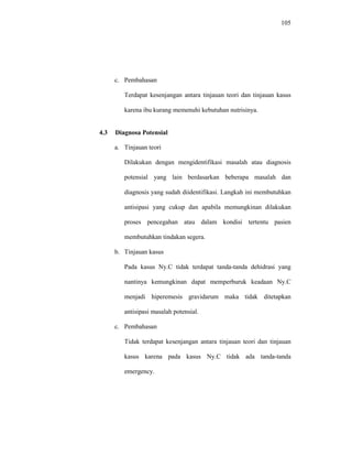 105
c. Pembahasan
Terdapat kesenjangan antara tinjauan teori dan tinjauan kasus
karena ibu kurang memenuhi kebutuhan nutrisinya.
4.3 Diagnosa Potensial
a. Tinjauan teori
Dilakukan dengan mengidentifikasi masalah atau diagnosis
potensial yang lain berdasarkan beberapa masalah dan
diagnosis yang sudah diidentifikasi. Langkah ini membutuhkan
antisipasi yang cukup dan apabila memungkinan dilakukan
proses pencegahan atau dalam kondisi tertentu pasien
membutuhkan tindakan segera.
b. Tinjauan kasus
Pada kasus Ny.C tidak terdapat tanda-tanda dehidrasi yang
nantinya kemungkinan dapat memperburuk keadaan Ny.C
menjadi hiperemesis gravidarum maka tidak ditetapkan
antisipasi masalah potensial.
c. Pembahasan
Tidak terdapat kesenjangan antara tinjauan teori dan tinjauan
kasus karena pada kasus Ny.C tidak ada tanda-tanda
emergency.
 