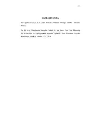 125
DAFTAR PUSTAKA
Ai Yeyeh Rukiyah, S.Si. T. 2010. Asuhan Kebidanan Patologi. Jakarta: Trans info
Media.
Dr. Ida Ayu Chandranita Manuaba, SpOG, dr. Ida Bagus Gde Fajar Manuaba,
SpOG dan Prof. dr. Ida Bagus Gde Manuaba, SpOG(K). Ilmi Kebidanan Penyakit
Kandungan, dan KB. Jakarta: EGC, 2010
 