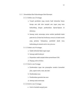 12
2.1.3 Pertumbuhan Dan Perkembangan Hasil Konsepsi
2.1.3.1 Embrio usia 2-4 minggu
a. Terjadi perubahan yang semula buah kehamilan hanya
berupa satu titik telur menjadi satu organ yang terus
berkembang dengan pembentukan lapisan-lapisan di
dalamnya.
b. Jantung mulai memompa cairan melalui pembuluh darah
pada hari ke-20 dan hari berikutnya muncul sel darah merah
yang pertama. Selanjutnya, pembuluh darah terus
berkembang di seluruh embrio dan plasenta
2.1.3.2 Embrio usia 4-6 minggu
a. Sudah terbentuk bakal organ-organ
b. Jantung sudah berdenyut
c. Pergerakan sudah nampak dalam pemeriksaan USG
d. Panjang embrio 0,64cm
2.1.3.3 Embrio usia 8 minggu
a. Pembentukan organ dan penampilan semakin bertambah
jelas, seperti mulut, mata, dan kaki
b. Pembentukan usus
c. Pembentukan genetalia dan anus
d. Jantung mulai memompa
2.1.3.4 Embrio usia 12 minggu.
a. Embrio berubah menjadi janin
 