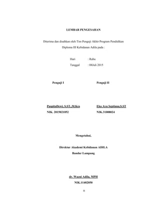 3
LEMBAR PENGESAHAN
Diterima dan disahkan oleh Tim Penguji Akhir Program Pendidikan
Diploma III Kebidanan Adila pada :
Hari : Rabu
Tanggal : 08Juli 2015
Penguji I Penguji II
PuspitaDewi, S.ST.,M.Kes Eka Ayu Septiana,S.ST
NIK. 2015021052 NIK.31008024
Mengetahui,
Direktur Akademi Kebidanan ADILA
Bandar Lampung
dr. Wazni Adila, MPH
NIK.11402050
iii
 
