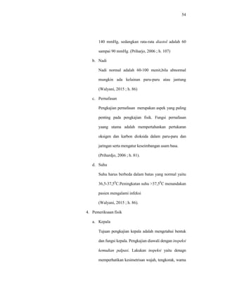 54
140 mmHg, sedangkan rata-rata diastol adalah 60
sampai 90 mmHg. (Priharjo, 2006 ; h. 107)
b. Nadi
Nadi normal adalah 60-100 menit,bila abnormal
mungkin ada kelainan paru-paru atau jantung
(Walyani, 2015 ; h. 86)
c. Pernafasan
Pengkajian pernafasan merupakan aspek yang paling
penting pada pengkajian fisik. Fungsi pernafasan
yaang utama adalah mempertahankan pertukaran
oksigen dan karbon dioksida dalam paru-paru dan
jaringan serta mengatur keseimbangan asam basa.
(Prihardjo, 2006 ; h. 81).
d. Suhu
Suhu harus berbeda dalam batas yang normal yaitu
36,5-37,50
C.Peningkatan suhu >37,50
C menandakan
pasien mengalami infeksi
(Walyani, 2015 ; h. 86).
4. Pemeriksaan fisik
a. Kepala
Tujuan pengkajian kepala adalah mengetahui bentuk
dan fungsi kepala. Pengkajian diawali dengan inspeksi
kemudian palpasi. Lakukan inspeksi yaitu denagn
memperhatikan kesimetrisan wajah, tengkorak, warna
 