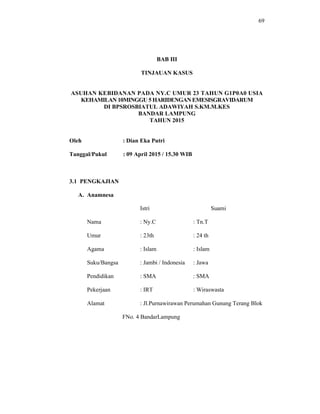 69
BAB III
TINJAUAN KASUS
ASUHAN KEBIDANAN PADA NY.C UMUR 23 TAHUN G1P0A0 USIA
KEHAMILAN 10MINGGU 5 HARIDENGANEMESISGRAVIDARUM
DI BPSROSBIATUL ADAWIYAH S.KM.M.KES
BANDAR LAMPUNG
TAHUN 2015
Oleh : Dian Eka Putri
Tanggal/Pukul : 09 April 2015 / 15.30 WIB
3.1 PENGKAJIAN
A. Anamnesa
Istri Suami
Nama : Ny.C : Tn.T
Umur : 23th : 24 th
Agama : Islam : Islam
Suku/Bangsa : Jambi / Indonesia : Jawa
Pendidikan : SMA : SMA
Pekerjaan : IRT : Wiraswasta
Alamat : Jl.Purnawirawan Perumahan Gunung Terang Blok
FNo. 4 BandarLampung
 