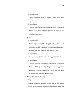 121
2) Tinjauan kasus
Dari pernyataan Ny.N 3 sampai 4 kali sehari ganti
pembalut.
3) Pembahasan
Tinjauan teori dan tinjauan kasus tidak terjadi kesenjangan
karena Ny.N selalu mengganti pembalut 3 sampai 4 kali
sehari ganti pembalut.
e) HPHT
1) Tinjauan teori
Bidan ingin mengetahui tanggal hari pertama dari
menstruasi terakhir klien untuk memperkirakan kapan kira-
kira sang bayi akan dilahirkan (walyani,2015:120).
2) Tinjuan kasus
Dari pernyataan HPHT Ny. N pada tanggal 10-02-2015
3) Pembahasan
Tinjauan teori dan tinjuan kasus tidak terjadi kesenjangan
karena HPHT Ny.N terkaji dengan jelas sehingga usia
kehamilan 8 minggu (pada tanggal 07 april 2015) dan tafsir
persalinan pada tanggal 17 November 2015.
4.1.2.3 Riwayat kehamilan sekarang
1) Tinjauan teori
Riwayat kehamilan sekarang meliputi HPHT dan apakah
normal, gerakan janin (kapan mulai dirasakan dan apakah ada
 