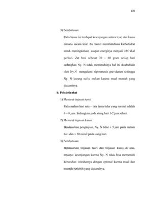 130
3) Pembahasan
Pada kasus ini terdapat kesenjangan antara teori dan kasus
dimana secara teori ibu hamil membutuhkan karbohidrat
untuk meningkatkan asupan energinya menjadi 285 kkal
perhari, Zat besi sebesar 30 – 60 gram setiap hari
sedangkan Ny. N tidak memenuhinya hal ini disebabkan
oleh Ny.N mengalami hiperemesis gravidarum sehingga
Ny. N kurang nafsu makan karena mual muntah yang
dialaminya.
b. Pola istirahat
1) Menurut tinjauan teori
Pada malam hari rata – rata lama tidur yang normal adalah
6 – 8 jam. Sedangkan pada siang hari 1-2 jam sehari.
2) Menurut tinjauan kasus
Berdasarkan pengkajian, Ny. N tidur ± 5 jam pada malam
hari dan ± 30 menit pada siang hari.
3) Pembahasan
Berdasarkan tinjauan teori dan tinjauan kasus di atas,
terdapat kesenjangan karena Ny. N tidak bisa memenuhi
kebutuhan istirahatnya dengan optimal karena mual dan
muntah berlebih yang dialaminya.
 