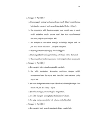 158
2. Tanggal 10 April 2015
a. Ibu menegerti tentang hasil pemeriksaan masih dalam kondisi kurang
baik dan ibu mengerti hasil pemeriksaan kadar Hb ibu 10,6 gr%
b. Ibu mengatakan telah dapat menangani mual muntah yang ia alami,
meski terkadang masih merasa mual, dan akan mengkonsumsi
makanan yang mengandung zat besi
c. Ibu mengatakan telah mulai menjaga istirahatnya dengan tidur ± 6
jam pada malam hari dan ± 1 jam pada siang hari
d. Ibu mengatakan telah menjaga personal hygene.
e. Ibu mengatakan telah megerti tentang kebutuhan nutrisi ibu hamil.
f. Ibu mengatakan telah mengonsumsi obat yang diberikan secara rutin
3. Tanggal 12 April 2015
a. Ibu mengerti bahwa kondisinya sudah membaik
b. Ibu telah mencukupi kebutuhan nutrisinya dengan sedikit
mengonsumsi nasi dan sayur pada siang hari, dan makanan kering
seperti roti
c. Ibu telah mengatakan mencukupi kebutuhan istirahatnya dengan tidur
malam ± 6 jam dan siang ± 1 jam
d. Ibu telah menjaga personal hygene dengan baik.
e. ibu telah mengerti tentang kebutuhan nutrisi ibu hamil.
f. Ibu tetap mengonsumsi obat bila keluhan timbul kembali
4. Tanggal 16 April 2015
a. Ibu mengerti hasil pemeriksaan dan ia dalam kondisi baik
 