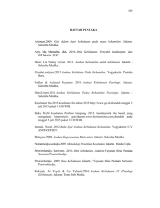 165
DAFTAR PUSTAKA
Arisman.2009. Gizi dalam daur kehidupan pada masa kehamilan. Jakarta:
Salemba Medika.
Ayu, Ida Manuaba, dkk. 2010. Ilmu Kebidanan, Penyakit kandungan, dan
KB.Jakarta: EGC.
Dewi, Lia Nanny vivian. 2012. Asuhan Kehamilan untuk kebidanan. Jakarta :
Salemba Medika.
Elisabet,walyani.2015.Asuhan Kebidana Pada Kehamilan. Yogyakarta: Pustaka
Baru.
Fadlun & Achmad Feryanto. 2011. Asuhan Kebidanan Patologis. Jakarta:
Salemba Medika.
Hani,Ummi.2011.Asuhan Kebidanan Padsa Kehamilan Fisiologis. Jakarta :
Salemba Medika.
Kesehatan ibu.2015.kesehatan ibu tahun 2015.http://www.go.id.diunduh tanggal 2
juli 2015 pukul 13.00 WIB.
Buku Profil kesehatan Profinsi lampung. 2015. karakteristik ibu hamil yang
mengalami hiperemesis gravidarum.www.horsonosites.com.diunduh pada
tanggal 2 juli 2015 pukul 13.30 WIB.
Jannah, Nurul. 2012.Buku Ajar Asuhan Kebidanan Kehamilan. Yogyakarta: C.V
ANDI OFFSET.
Mitayani.2009. Asuhan Keperawatan Maternitas. Jakarta: Salemba Medika.
Notoatmodjo,soekidjo.2005. Metodologi Penelitian Kesehatan. Jakarta : Rineke Cipta
.
Prawirohardjo, Sarwono. 2010. Ilmu kebidanan. Jakarta:Yayasan Bina Pustaka
Sarwono Prawirohardjo.
Prawirohardjo. 2009. Ilmu Kebidanan. Jakarta : Yayasan Bina Pustaka Sarwono
Prawirohardjo.
Rukiyah, Ai Yeyeh & Lia Yulianti.2010. Asuhan Kebidanan IV (Patologi
Kebidanan). Jakarta: Trans Info Media.
 