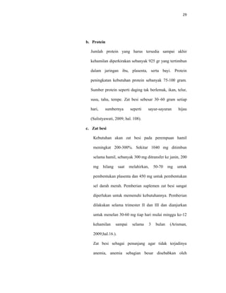 29
b. Protein
Jumlah protein yang harus tersedia sampai akhir
kehamilan diperkirakan sebanyak 925 gr yang tertimbun
dalam jaringan ibu, plasenta, serta bayi. Protein
peningkatan kebutuhan protein sebanyak 75-100 gram.
Sumber protein seperti daging tak berlemak, ikan, telur,
susu, tahu, tempe. Zat besi sebesar 30–60 gram setiap
hari, sumbernya seperti sayur-sayuran hijau
(Sulistyawati, 2009; hal. 108).
c. Zat besi
Kebutuhan akan zat besi pada perempuan hamil
meningkat 200-300%. Sekitar 1040 mg ditimbun
selama hamil, sebanyak 300 mg ditransfer ke janin, 200
mg hilang saat melahirkan, 50-70 mg untuk
pembentukan plasenta dan 450 mg untuk pembentukan
sel darah merah. Pemberian suplemen zat besi sangat
diperlukan untuk memenuhi kebutuhannya. Pemberian
dilakukan selama trimester II dan III dan dianjurkan
untuk menelan 30-60 mg tiap hari mulai minggu ke-12
kehamilan sampai selama 3 bulan (Arisman,
2009;hal.16.).
Zat besi sebagai penunjang agar tidak terjadinya
anemia, anemia sebagian besar disebabkan oleh
 