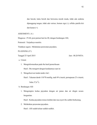 92
dan bawah, kuku bersih dan berwarna merah muda, tidak ada oedema
dipunggung tangan, tidak ada varises, homan sign (-), refleks patella kiri
dan kanan (+).
ASSESMENT ( A )
Diagnosa : P1A0, post partum hari ke-III, dengan bendungan ASI,
Potensial : Terjadinya mastitis.
Tindakan segera : Melakukan perawatan payudara.
PLANNING ( P )
Tanggal 25 April 2015 Jam : 08.20 WITA
a. Umum
1. Menginformasikan pada ibu hasil pemeriksaan
Hasil : Ibu mengerti dengan keadaannya saat ini
2. Mengobservasi tanda-tanda vital :
Hasil : Tekanan darah 110/70 mmHg, nadi 89 x/menit, pernapasan 23 x/menit,
Suhu 37,4
0
c.
b. Bendungan ASI
1. Mengompres kedua payudara dengan air panas dan air dingin secara
bergantian.
Hasil : Kedua payudara terasa lembek dan rasa nyeri ibu sedikit berkurang.
2. Melakukan perawatan payudara.
Hasil : ASI sudah keluar sedikit-sedikit.
 