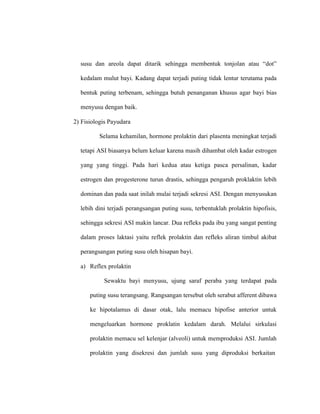 susu dan areola dapat ditarik sehingga membentuk tonjolan atau “dot”
kedalam mulut bayi. Kadang dapat terjadi puting tidak lentur terutama pada
bentuk puting terbenam, sehingga butuh penanganan khusus agar bayi bias
menyusu dengan baik.
2) Fisiologis Payudara
Selama kehamilan, hormone prolaktin dari plasenta meningkat terjadi
tetapi ASI biasanya belum keluar karena masih dihambat oleh kadar estrogen
yang yang tinggi. Pada hari kedua atau ketiga pasca persalinan, kadar
estrogen dan progesterone turun drastis, sehingga pengaruh proklaktin lebih
dominan dan pada saat inilah mulai terjadi sekresi ASI. Dengan menyusukan
lebih dini terjadi perangsangan puting susu, terbentuklah prolaktin hipofisis,
sehingga sekresi ASI makin lancar. Dua refleks pada ibu yang sangat penting
dalam proses laktasi yaitu reflek prolaktin dan refleks aliran timbul akibat
perangsangan puting susu oleh hisapan bayi.
a) Reflex prolaktin
Sewaktu bayi menyusu, ujung saraf peraba yang terdapat pada
puting susu terangsang. Rangsangan tersebut oleh serabut afferent dibawa
ke hipotalamus di dasar otak, lalu memacu hipofise anterior untuk
mengeluarkan hormone proklatin kedalam darah. Melalui sirkulasi
prolaktin memacu sel kelenjar (alveoli) untuk memproduksi ASI. Jumlah
prolaktin yang disekresi dan jumlah susu yang diproduksi berkaitan
 