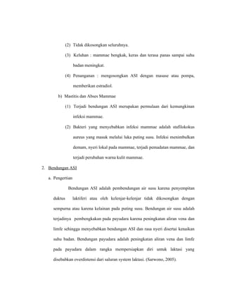 (2) Tidak dikosongkan seluruhnya.
(3) Keluhan : mammae bengkak, keras dan terasa panas sampai suhu
badan meningkat.
(4) Penanganan : mengosongkan ASI dengan masase atau pompa,
memberikan estradiol.
b) Mastitis dan Abses Mammae
(1) Terjadi bendungan ASI merupakan permulaan dari kemungkinan
infeksi mammae.
(2) Bakteri yang menyebabkan infeksi mammae adalah stafilokokus
aureus yang masuk melalui luka puting susu. Infeksi menimbulkan
demam, nyeri lokal pada mammae, terjadi pemadatan mammae, dan
terjadi perubahan warna kulit mammae.
2. Bendungan ASI
a. Pengertian
Bendungan ASI adalah pembendungan air susu karena penyempitan
duktus laktiferi atau oleh kelenjar-kelenjar tidak dikosongkan dengan
sempurna atau karena kelainan pada puting susu. Bendungan air susu adalah
terjadinya pembengkakan pada payudara karena peningkatan aliran vena dan
limfe sehingga menyebabkan bendungan ASI dan rasa nyeri disertai kenaikan
suhu badan. Bendungan payudara adalah peningkatan aliran vena dan limfe
pada payudara dalam rangka mempersiapkan diri untuk laktasi yang
disebabkan overdistensi dari saluran system laktasi. (Sarwono, 2005).
 
