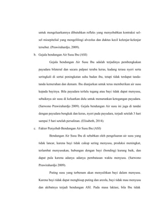untuk mengeluarkannya dibutuhkan refleks yang menyebabkan kontraksi sel-
sel mioepitelial yang mengelilingi alveolus dan duktus kecil kelenjar-kelenjar
tersebut. (Prawirahardjo, 2009).
b. Gejala bendungan Air Susu Ibu (ASI)
Gejala bendungan Air Susu Ibu adalah terjadinya pembengkakan
payudara bilateral dan secara palpasi teraba keras, kadang terasa nyeri serta
seringkali di sertai peningkatan suhu badan ibu, tetapi tidak terdapat tanda-
tanda kemerahan dan demam. Ibu dianjurkan untuk terus memberikan air susu
kepada bayinya. Bila payudara terlalu tegang atau bayi tidak dapat menyusu,
sebaiknya air susu di keluarkan dulu untuk menurunkan ketegangan payudara.
(Sarwono Prawirahardjo 2009). Gejala bendungan Air susu ini juga di tandai
dengan payudara bengkak dan keras, nyeri pada payudara, terjadi setelah 3 hari
sampai 5 hari setelah persalinan. (Elisabeth, 2014).
c. Faktor Penyebab Bendungan Air Susu Ibu (ASI)
Bendungan Air Susu Ibu di sebabkan oleh pengeluaran air susu yang
tidak lancar, karena bayi tidak cukup sering menyusu, produksi meningkat,
terlambat menyusukan, hubungan dengan bayi (bonding) kurang baik, dan
dapat pula karena adanya adanya pembatasan waktu menyusu. (Sarwono
Prawirahardjo 2009).
Puting susu yang terbenam akan menyulitkan bayi dalam menyusu.
Karena bayi tidak dapat menghisap puting dan areola, bayi tidak mau menyusu
dan akibatnya terjadi bendungan ASI. Pada masa laktasi, bila Ibu tidak
 