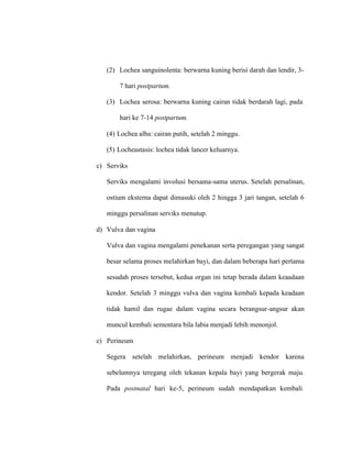 (2) Lochea sanguinolenta: berwarna kuning berisi darah dan lendir, 3-
7 hari postpartum.
(3) Lochea serosa: berwarna kuning cairan tidak berdarah lagi, pada
hari ke 7-14 postpartum.
(4) Lochea alba: cairan putih, setelah 2 minggu.
(5) Locheastasis: lochea tidak lancer keluarnya.
c) Serviks
Serviks mengalami involusi bersama-sama uterus. Setelah persalinan,
ostium eksterna dapat dimasuki oleh 2 hingga 3 jari tangan, setelah 6
minggu persalinan serviks menutup.
d) Vulva dan vagina
Vulva dan vagina mengalami penekanan serta peregangan yang sangat
besar selama proses melahirkan bayi, dan dalam beberapa hari pertama
sesudah proses tersebut, kedua organ ini tetap berada dalam keaadaan
kendor. Setelah 3 minggu vulva dan vagina kembali kepada keadaan
tidak hamil dan rugae dalam vagina secara berangsur-angsur akan
muncul kembali sementara bila labia menjadi lebih menonjol.
e) Perineum
Segera setelah melahirkan, perineum menjadi kendor karena
sebelumnya teregang oleh tekanan kepala bayi yang bergerak maju.
Pada postnatal hari ke-5, perineum sudah mendapatkan kembali
 