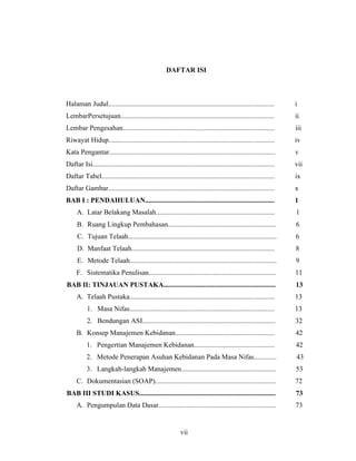 vii
DAFTAR ISI
Halaman Judul............................................................................................... i
LembarPersetujuan........................................................................................ ii
Lembar Pengesahan....................................................................................... iii
Riwayat Hidup............................................................................................... iv
Kata Pengantar............................................................................................... v
Daftar Isi........................................................................................................ vii
Daftar Tabel................................................................................................... ix
Daftar Gambar............................................................................................... x
BAB I : PENDAHULUAN.......................................................................... 1
A. Latar Belakang Masalah.................................................................... 1
B. Ruang Lingkup Pembahasan.............................................................. 6
C. Tujuan Telaah..................................................................................... 6
D. Manfaat Telaah.................................................................................. 8
E. Metode Telaah.................................................................................... 9
F. Sistematika Penulisan......................................................................... 11
BAB II: TINJAUAN PUSTAKA................................................................ 13
A. Telaah Pustaka................................................................................... 13
1. Masa Nifas................................................................................... 13
2. Bendungan ASI............................................................................ 32
B. Konsep Manajemen Kebidanan......................................................... 42
1. Pengertian Manajemen Kebidanan.............................................. 42
2. Metode Penerapan Asuhan Kebidanan Pada Masa Nifas............. 43
3. Langkah-langkah Manajemen...................................................... 53
C. Dokumentasian (SOAP)..................................................................... 72
BAB III STUDI KASUS.............................................................................. 73
A. Pengumpulan Data Dasar................................................................... 73
vii
 