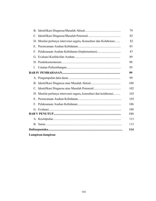 viii
B. Identifikasi Diagnosa/Masalah Aktual............................................... 79
C. Identifikasi Diagnosa/Masalah Potensial........................................... 82
D. Menilai perlunya intervensi segera, Konsultasi dan Kolaborasi....... 82
E. Perencanaan Asuhan Kebidanan........................................................ 83
F. Pelaksanaan Asuhan Kebidanan (Implementasi)............................... 87
G. Evaluasi Keefeksifan Asuhan............................................................ 89
H. Pendokumentasian............................................................................. 90
I. Catatan Perkembangan....................................................................... 95
BAB IV PEMBAHASAN............................................................................ 99
A. Pengumpulan data dasar.................................................................... 99
B. Identifikasi Diagnosa atau Masalah Aktual....................................... 100
C. Identifikasi Diagnosa atau Masalah Potensial.................................... 102
D. Menilai perlunya intervensi segera, konsultasi dan kolaborasi......... 103
E. Perencanaan Asuhan Kebidanan......................................................... 103
F. Pelaksanaan Asuhan Kebidanan......................................................... 106
G. Evaluasi............................................................................................... 109
BAB V PENUTUP........................................................................................ 111
A. Kesimpulan......................................................................................... 111
B. Saran.................................................................................................... 113
Daftarpustaka.................................................................................................
Lampiran-lampiran
114
viii
 