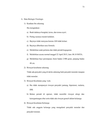 73
b. Data Biologis/ Fisiologis
1) Keadaan ibu sekarang
Ibu mengatakan :
a) Buah dadanya bengkak, keras, dan terasa nyeri.
b) Puting susunya masuk kedalam.
c) Bayinya tidak menyusu karena ASI tidak keluar.
d) Bayinya diberikan susu formula.
e) Melahirkan anak pertama dan tidak pernah keguguran.
f) Melahirkan secara normal tanggal 22 April 2015, Jam: 08.10 WITA.
g) Melahirkan bayi perempuan, berat badan 2.900 gram, panjang badan
48 cm.
2) Riwayat kesehatan sekarang
Tidak ada penyakit yang di derita sekarang baik penyakit menular maupun
tidak menular.
3) Riwayat Kesehatan yang Lalu
a) Ibu tidak mempunyai riwayat penyakit jantung, hipertensi, malaria,
DM.
b) Belum pernah di operasi, tidak memiliki riwayat alergi dan
ketergantungan obat serta tidak ada riwayat gemeli dalam keluarga.
4) Riwayat Kesehatan Keluarga
Tidak ada anggota keluarga yang mengalami penyakit menular dan
penyakit turunan.
 