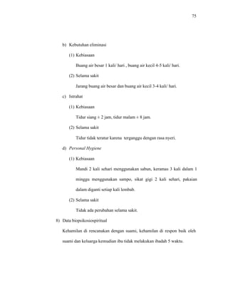 75
b) Kebutuhan eliminasi
(1) Kebiasaan
Buang air besar 1 kali/ hari , buang air kecil 4-5 kali/ hari.
(2) Selama sakit
Jarang buang air besar dan buang air kecil 3-4 kali/ hari.
c) Istrahat
(1) Kebiasaan
Tidur siang ± 2 jam, tidur malam ± 8 jam.
(2) Selama sakit
Tidur tidak teratur karena terganggu dengan rasa nyeri.
d) Personal Hygiene
(1) Kebiasaan
Mandi 2 kali sehari menggunakan sabun, keramas 3 kali dalam 1
minggu menggunakan sampo, sikat gigi 2 kali sehari, pakaian
dalam diganti setiap kali lembab.
(2) Selama sakit
Tidak ada perubahan selama sakit.
8) Data biopsikosiospiritual
Kehamilan di rencanakan dengan suami, kehamilan di respon baik oleh
suami dan keluarga kemudian ibu tidak melakukan ibadah 5 waktu.
 