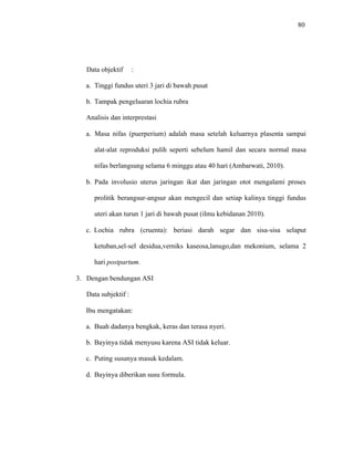 80
Data objektif :
a. Tinggi fundus uteri 3 jari di bawah pusat
b. Tampak pengeluaran lochia rubra
Analisis dan interprestasi
a. Masa nifas (puerperium) adalah masa setelah keluarnya plasenta sampai
alat-alat reproduksi pulih seperti sebelum hamil dan secara normal masa
nifas berlangsung selama 6 minggu atau 40 hari (Ambarwati, 2010).
b. Pada involusio uterus jaringan ikat dan jaringan otot mengalami proses
prolitik berangsur-angsur akan mengecil dan setiap kalinya tinggi fundus
uteri akan turun 1 jari di bawah pusat (ilmu kebidanan 2010).
c. Lochia rubra (cruenta): beriasi darah segar dan sisa-sisa selaput
ketuban,sel-sel desidua,verniks kaseosa,lanugo,dan mekonium, selama 2
hari postpartum.
3. Dengan bendungan ASI
Data subjektif :
Ibu mengatakan:
a. Buah dadanya bengkak, keras dan terasa nyeri.
b. Bayinya tidak menyusu karena ASI tidak keluar.
c. Puting susunya masuk kedalam.
d. Bayinya diberikan susu formula.
 
